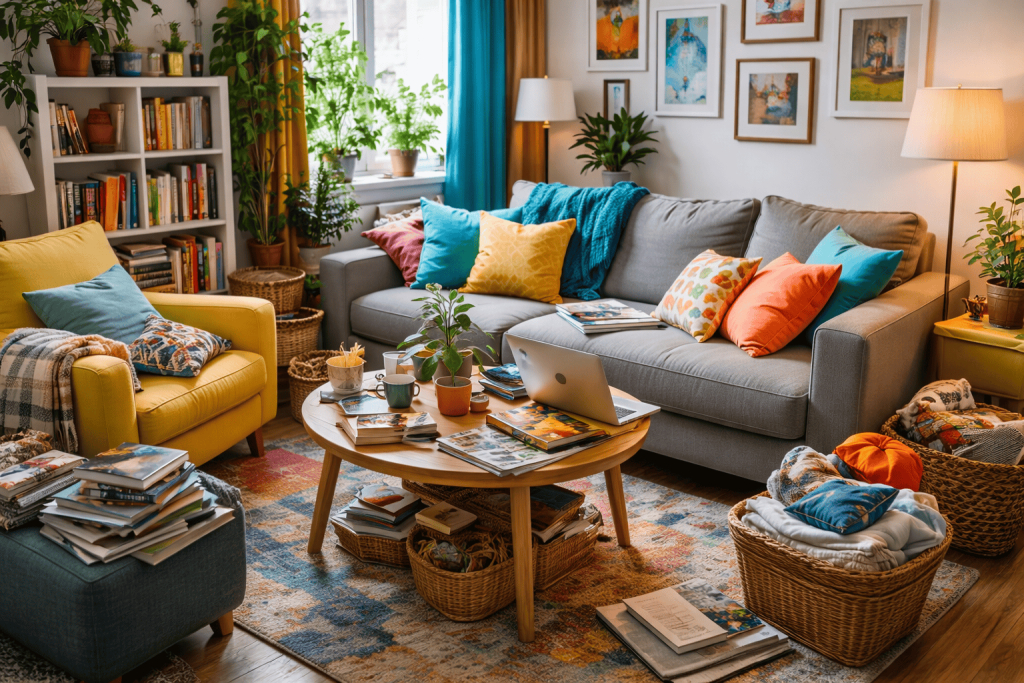 small living room with cluttered furniture layout