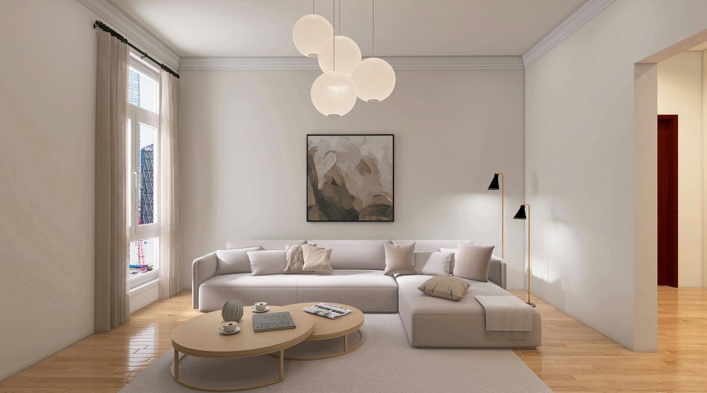 Small living room decorated with light colors to make the space look bigger and brighter