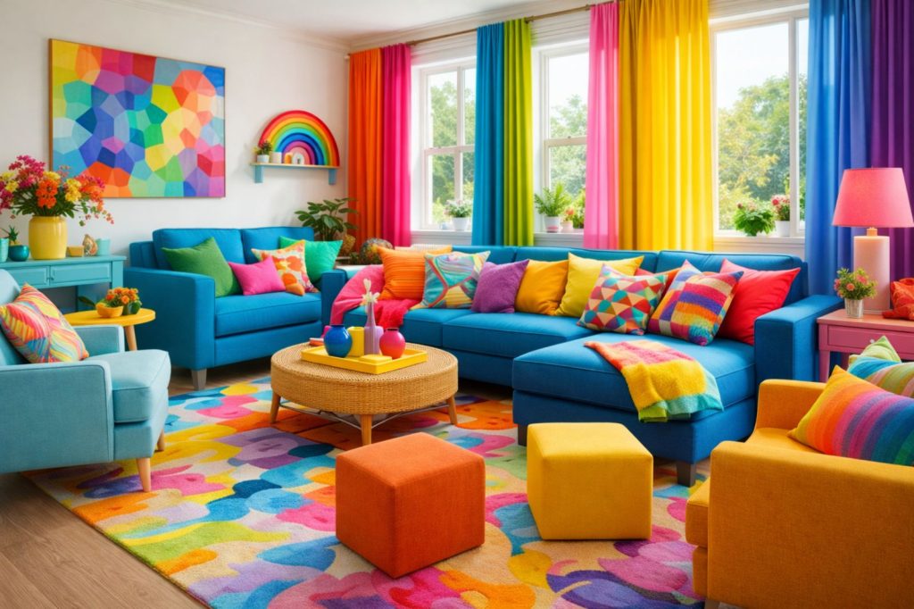 living room with too many colors creating a cheap home decor look